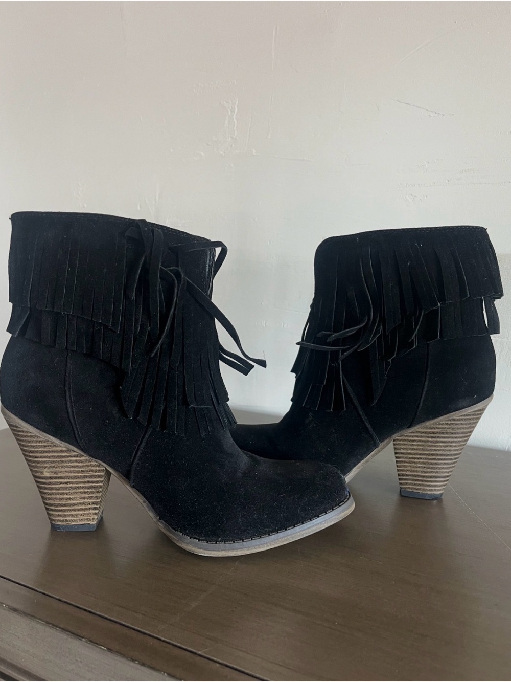 Black Suede Fringe Ankle Boots - Women's Fashion Heels